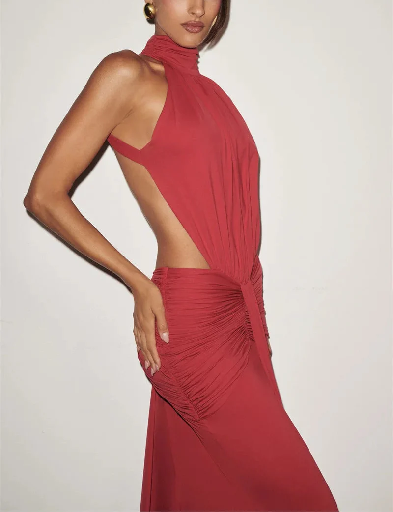 Vestido largo de cuello alto sin espalda para mujer