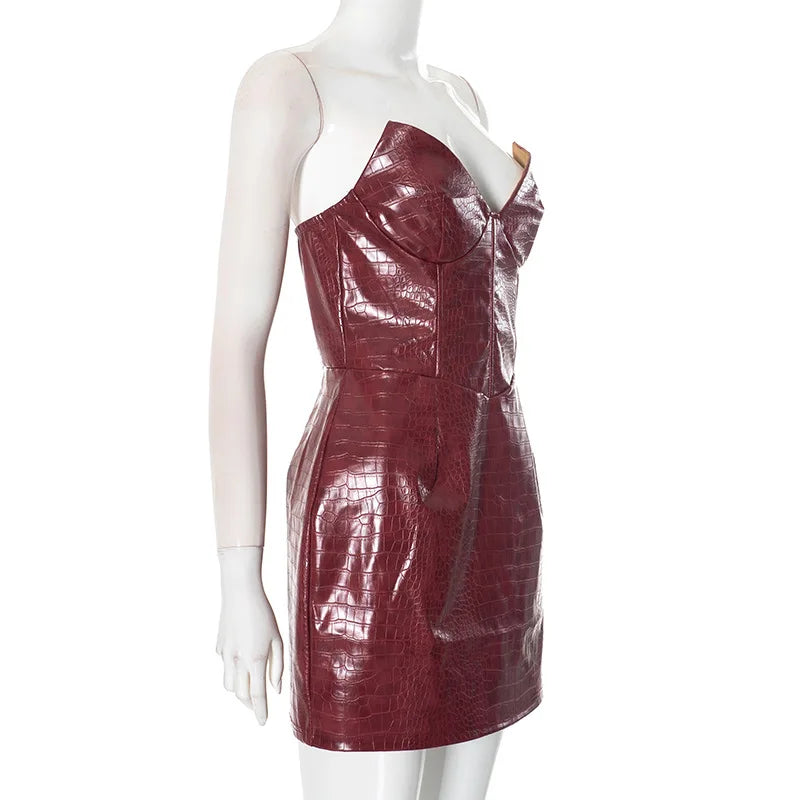 Vestido mini de cuero sin tirantes para mujer